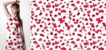 33252 Materiał ze wzorem czerwone płatki kwiatów (róża) i motyle na białym tle
